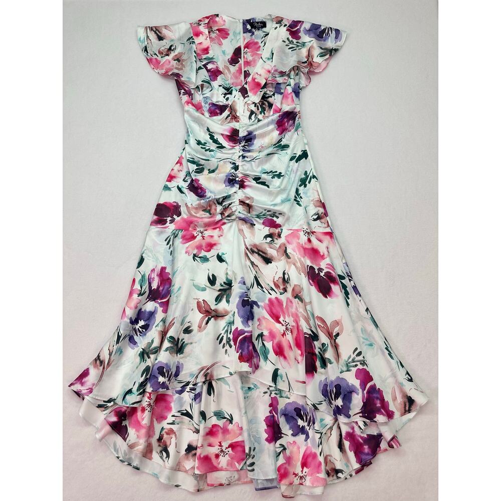 Parker Black Charlotte Watercolor Floral Satin High Low Midi Dress Size 4 - Picture 9 of 14